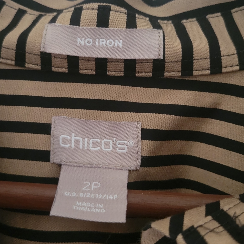 🖤🤎 Chico's Black & Tan Striped Button-Down Blouse –Wrinkle-Free - Large/Petite - Picture 4 of 4